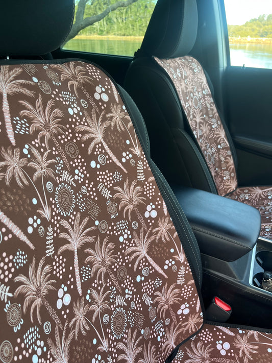 Palm trees and indigenous art on Brown background of Waterproof car seat cover