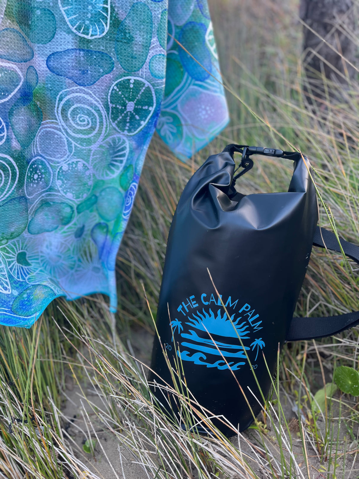 Dry bag blue print on the beach