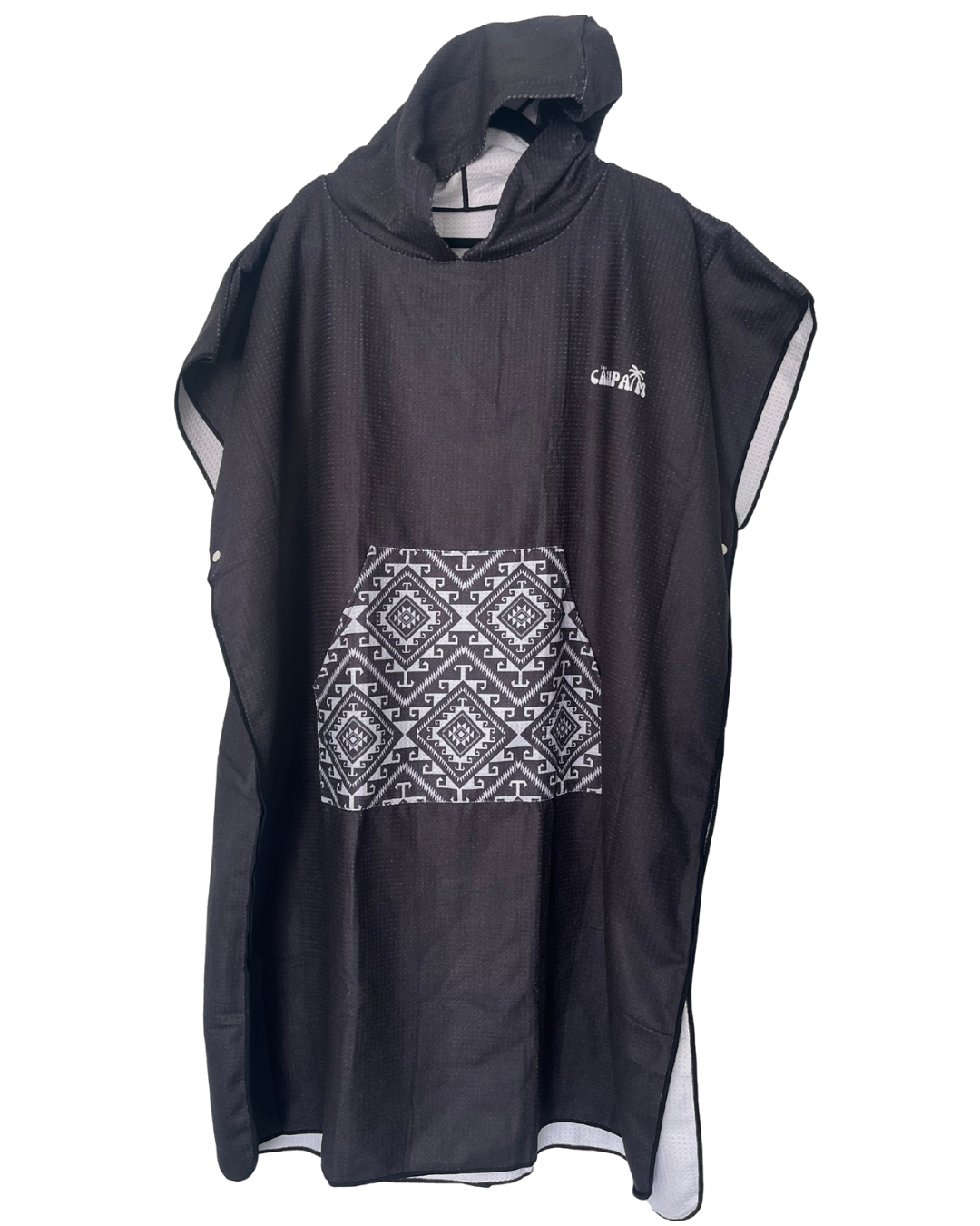 Black hooded beach towel white background
