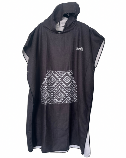 Black hooded beach towel white background