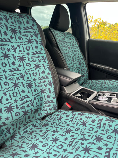 Car seat with a patterned cover in a vehicle interior