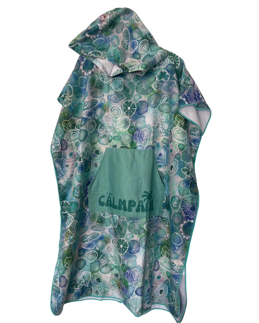 Green patterned hooded towel with hood on a white background