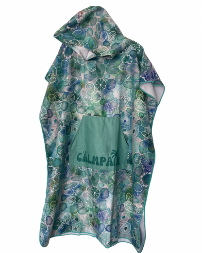 Green patterned hooded towel with hood on a white background