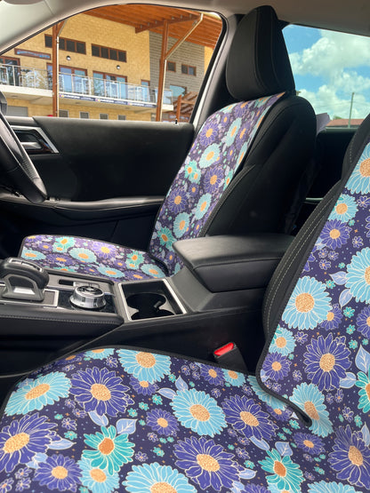 Blue and green floral print Car Seat Covers in the Car at the beach. Easy to install