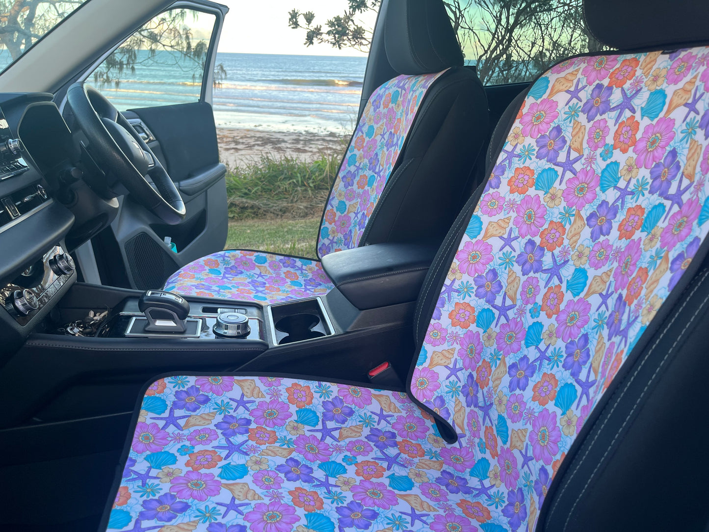 Picture of Car Seat Cover on Car Seat. Pastel flowers and Seashell print