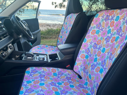 Picture of Car Seat Cover on Car Seat. Pastel flowers and Seashell print