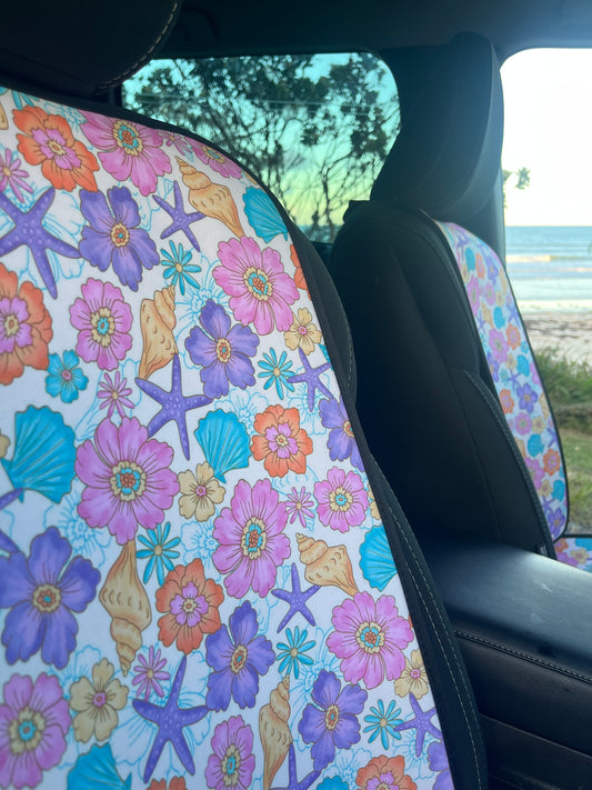 Picture of Car Seat Cover on Car Seat. Pastel flowers and Seashell print