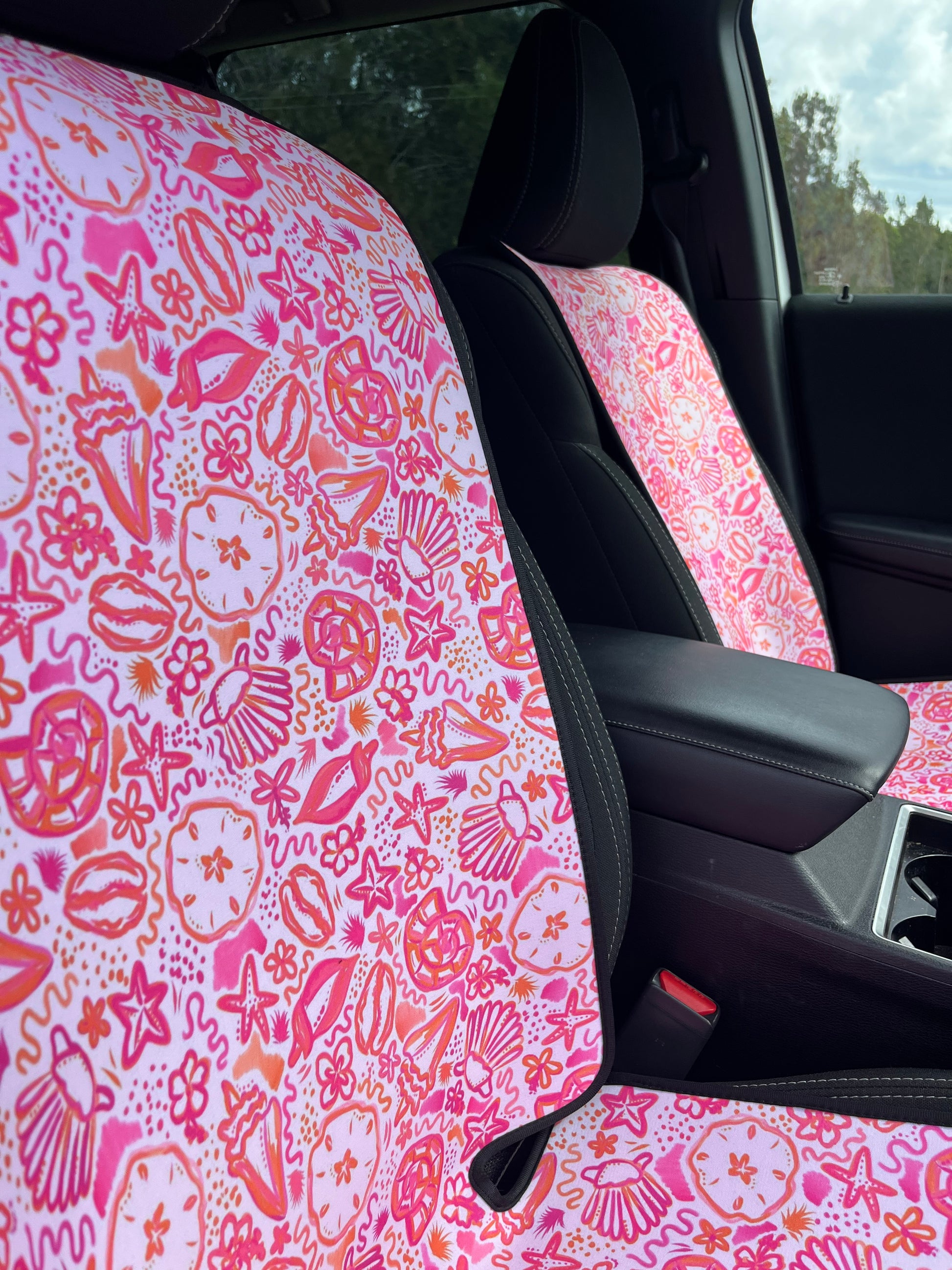 Waterproof Car Seat Cover with pink seashells. Easy to install