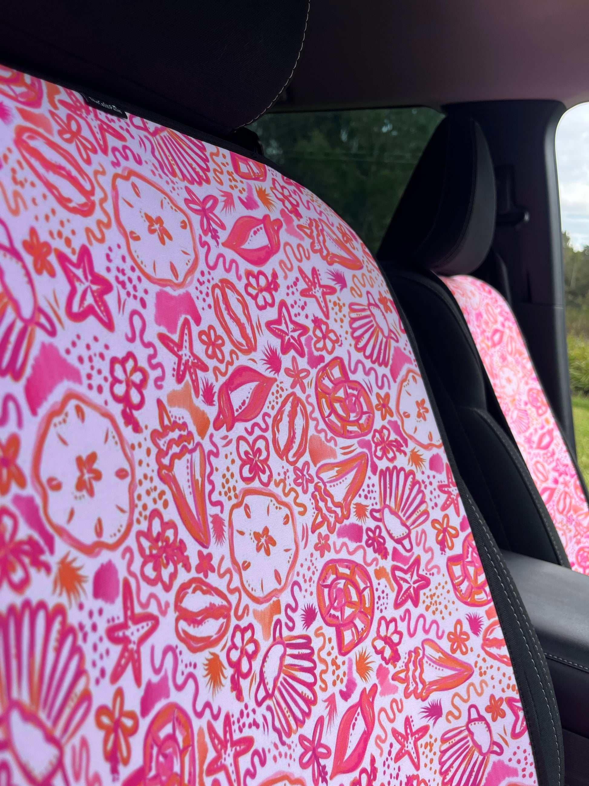 Waterproof Car Seat Covers in car with pink Seashells