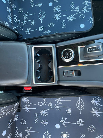 Black and white Palm tree print. Set of Seat Covers shown on the front seats of a car. Easy to install