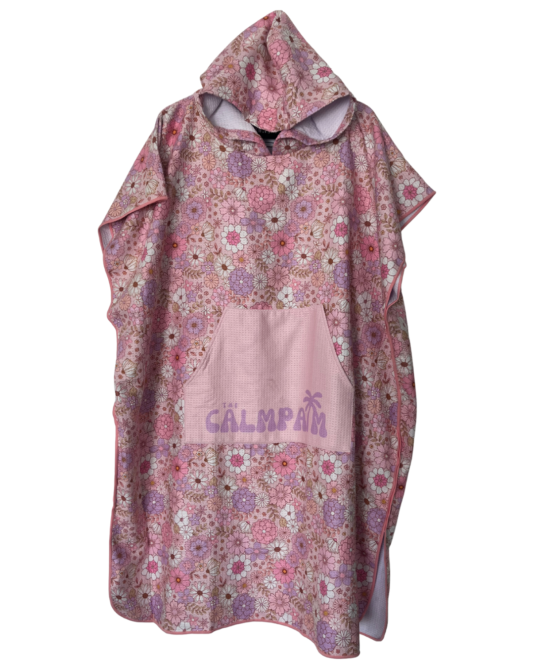 Floral-patterned hooded towel with 'Calmpalm' branding on a white background